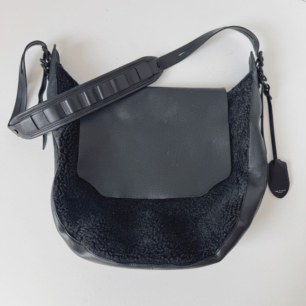Rag & Bone Bradbury Black Shearling Leather Flap Hobo Bag